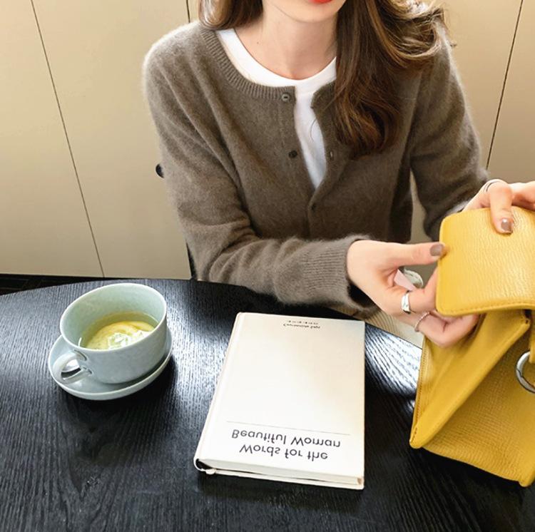 2026 Spring/Autumn Women's Korean Style 100% Pure Wool Cardigan - Round Neck, Thin Cashmere Knit Sweater Coat