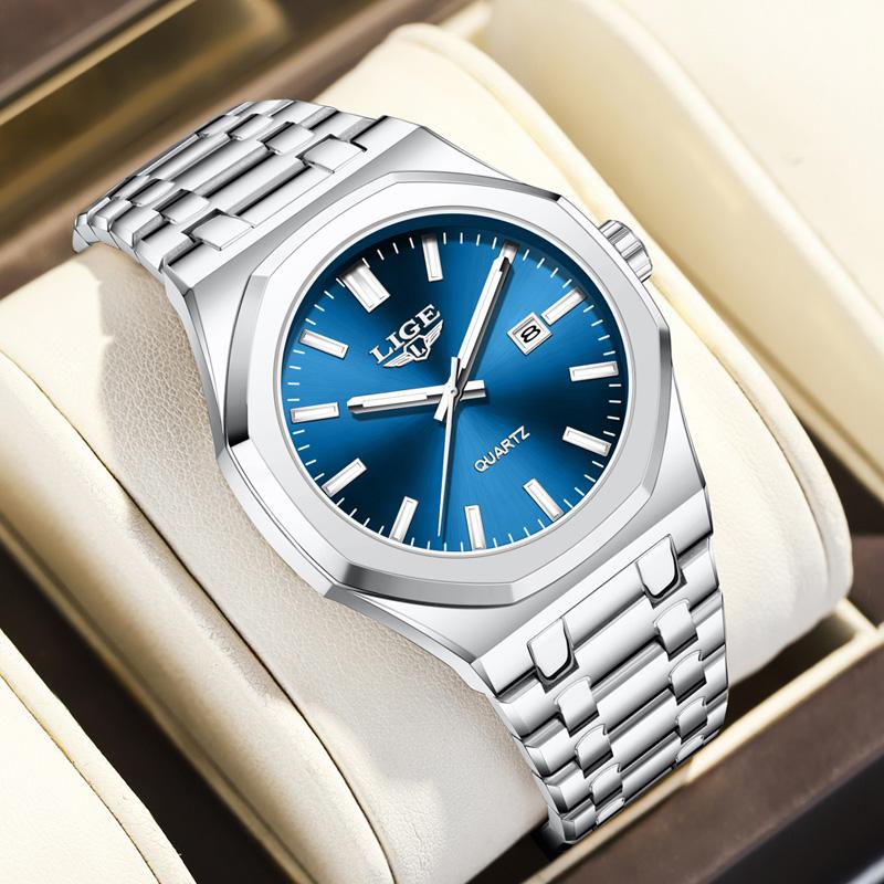 LIGE Mens Watches Super Luminous Auto Date Quartz Man Wristwatches Stainless Steel 3ATM Waterproof Male Gift Box Package