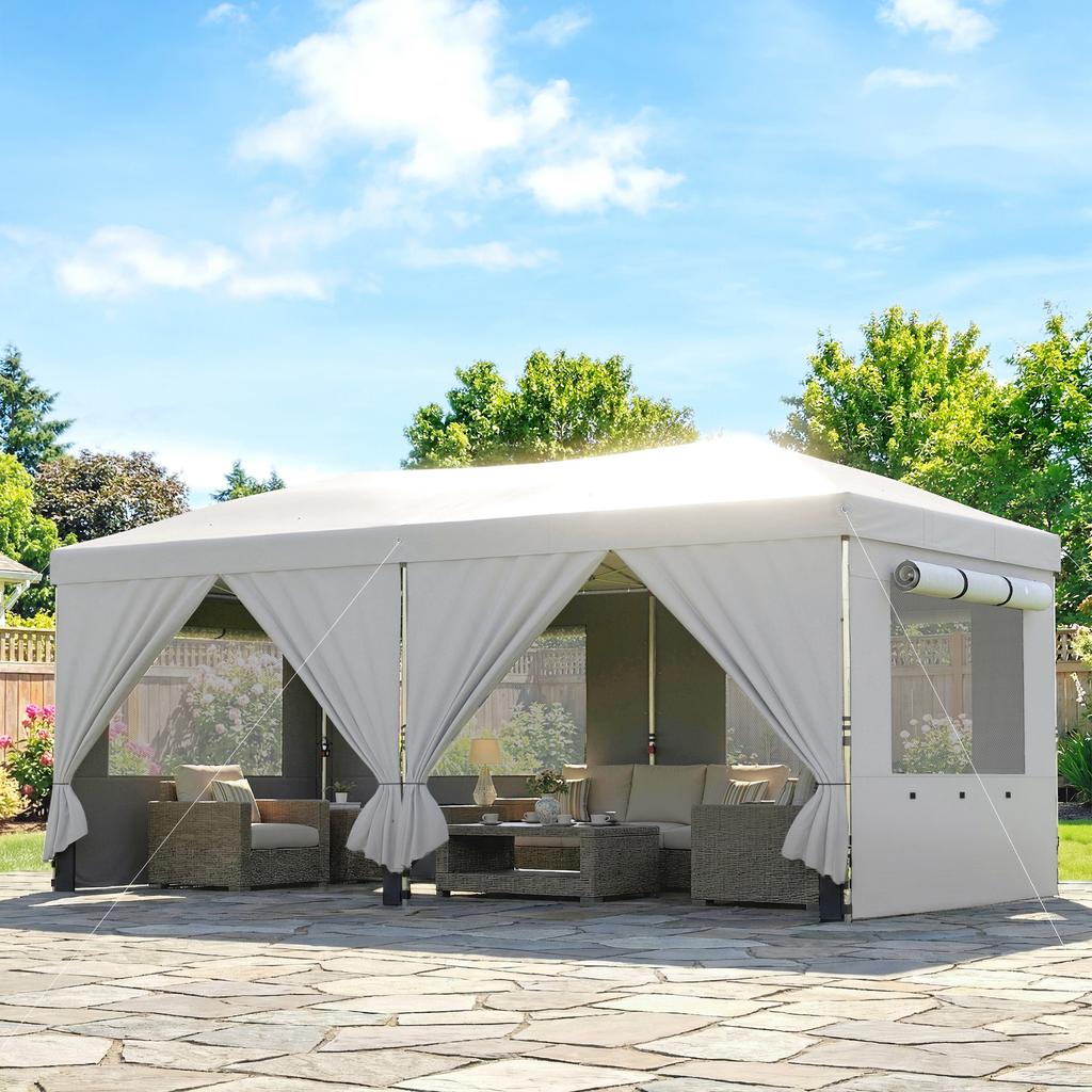 3 X 6 M Pop Up Canopy with UV50+ Protection Garden Gazebo with 6 Sidewalls, White