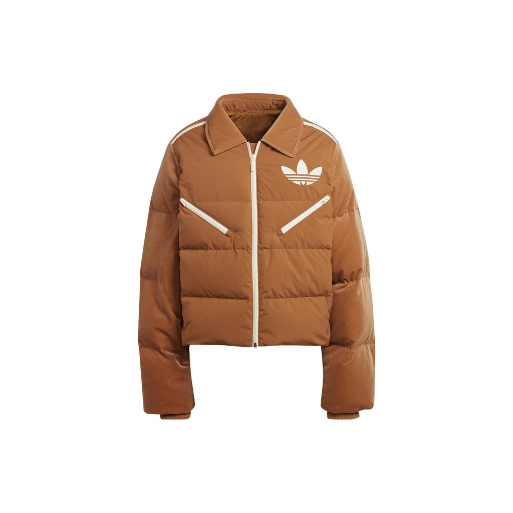 Adidas Puf din catifea Originals, cu imprimeu cu logo și guler cu fermoar, îmbrăcăminte exterioară pentru femei maro IB2028