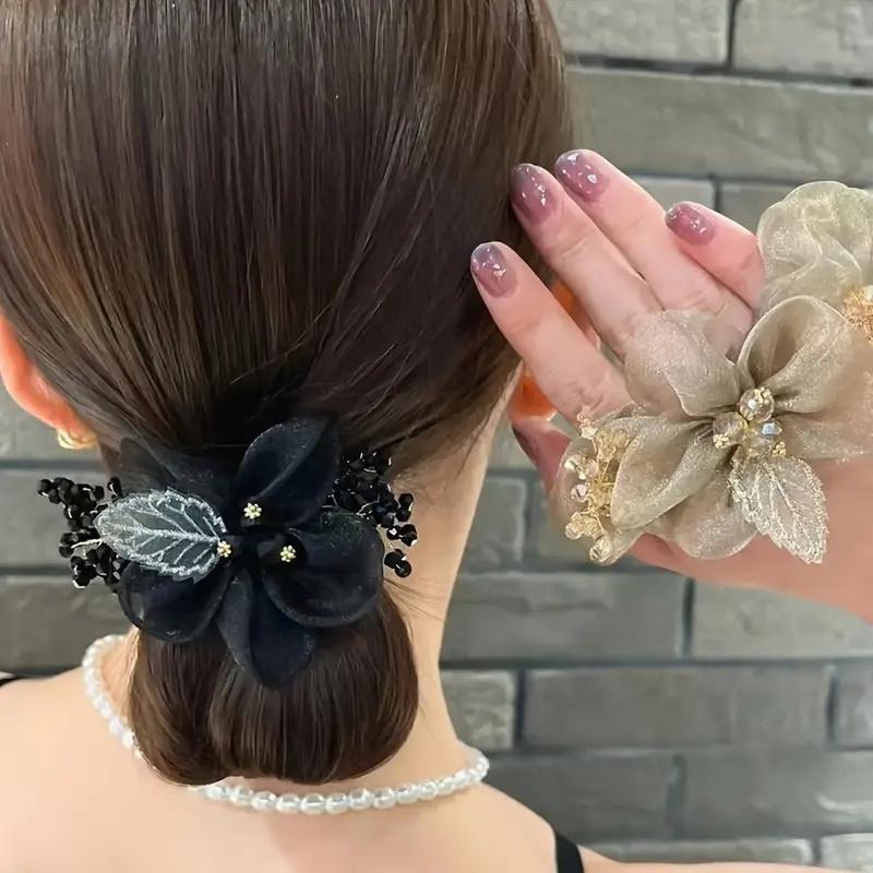 Women's Sweet Starry Hair Tie, 3D Petal Headband, Bun Accessory for Thick Hair, Minimalist Design, Elegant Glittery Ombre Ponytail Clip, Elastic Scrun