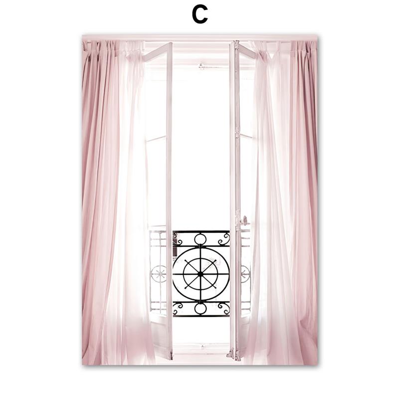 Wall Art Canvas Painting Pink Flowers Paris Windows Balcony Tower Nordic Prints And Posters Wall Pictures For Living Room Decor