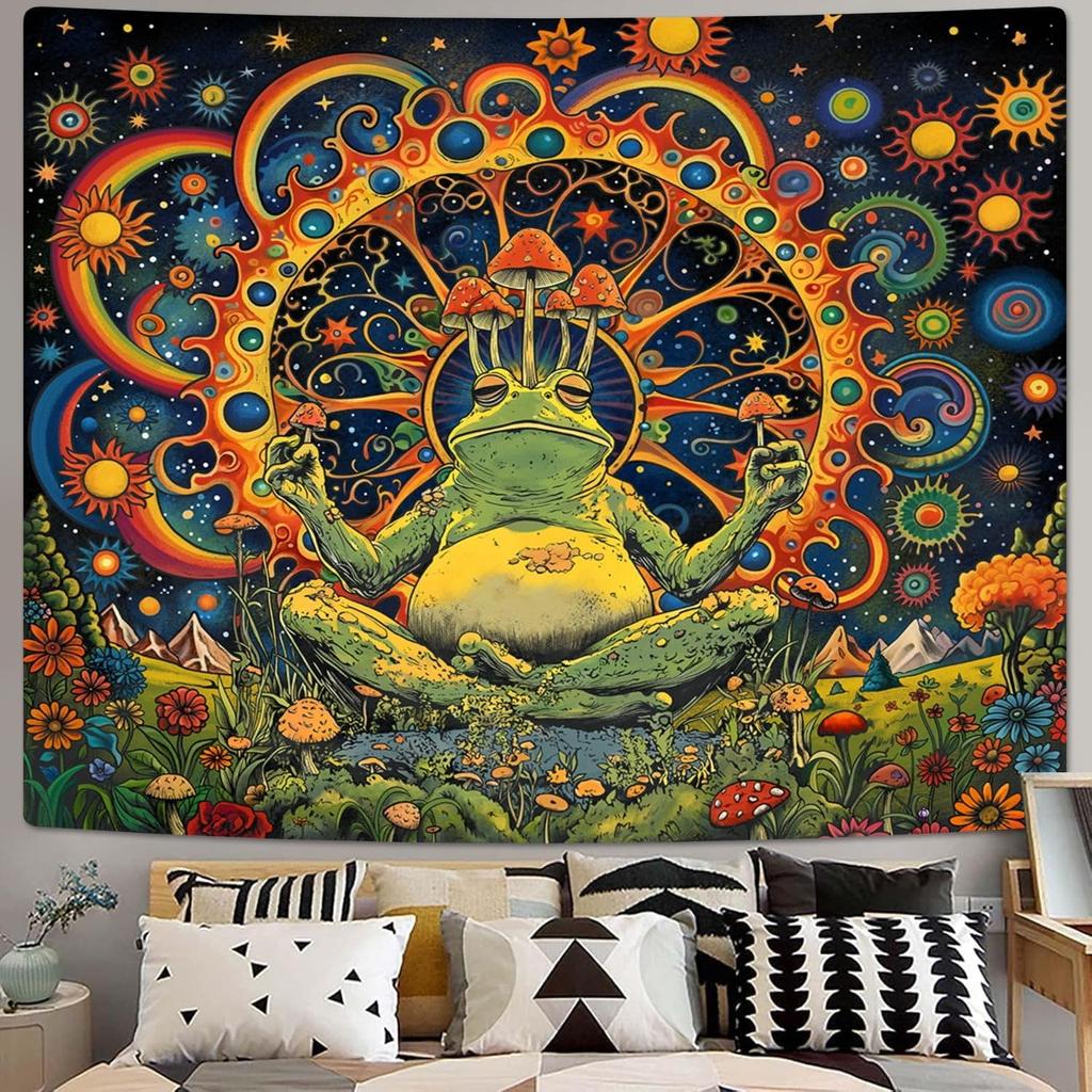JIT 1 pc Psychedelic Meditating Frog Polyester Tapestry 2D Flat Print Trippy Home Decor Bedroom Wall Art Whimsical Charming