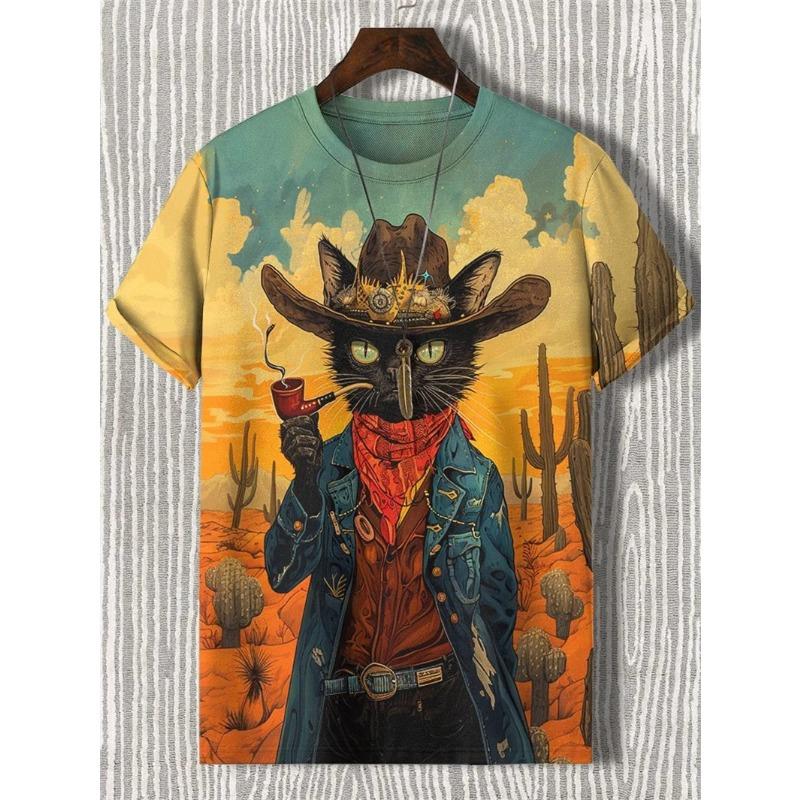 Zajímavé Kreativní Kočičí Grafika Pánské Módní Letní Krátký Rukáv 3D Tištěné Ležérní Osobnost Univerzální Nadměrná Velikost Tričko