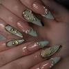 24pcs Manicure Long Almond Stiletto False Nails French Green Wavy Fake Nails Detachable Pearl French Nail Tips Women