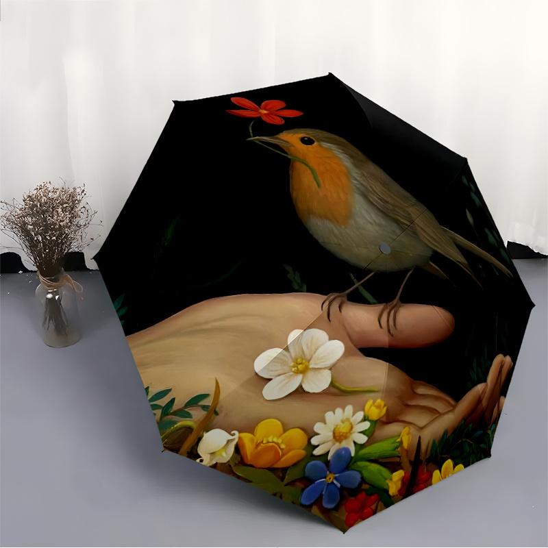 1pc Bird Flowers Automatic Open/close Umbrella, 8-Rib Sturdy Structure, Portable Travel Umbrella, Parties, Everyday Use,38