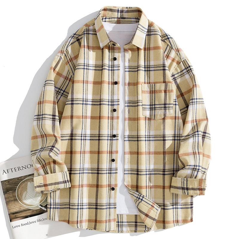 Men Casual Loose Long Sleeve Plaid Hong Kong Style Shirt