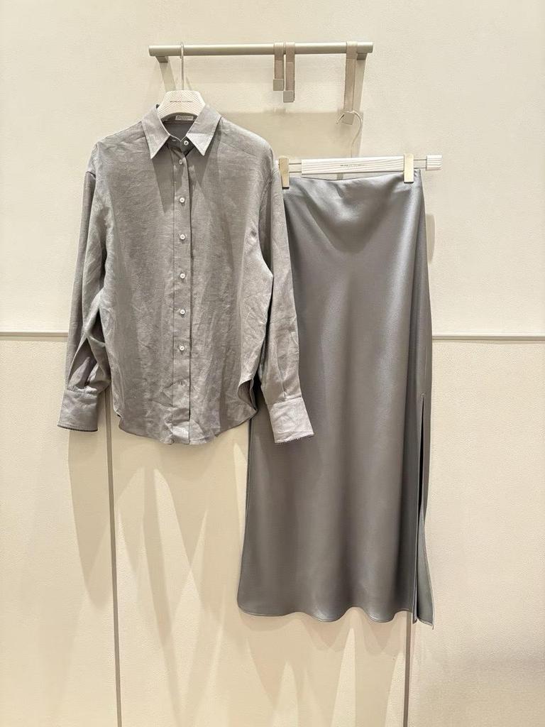 BC Acetate Satin Double Slit Long Skirt - Old Money Style, Slimming Elastic Waist