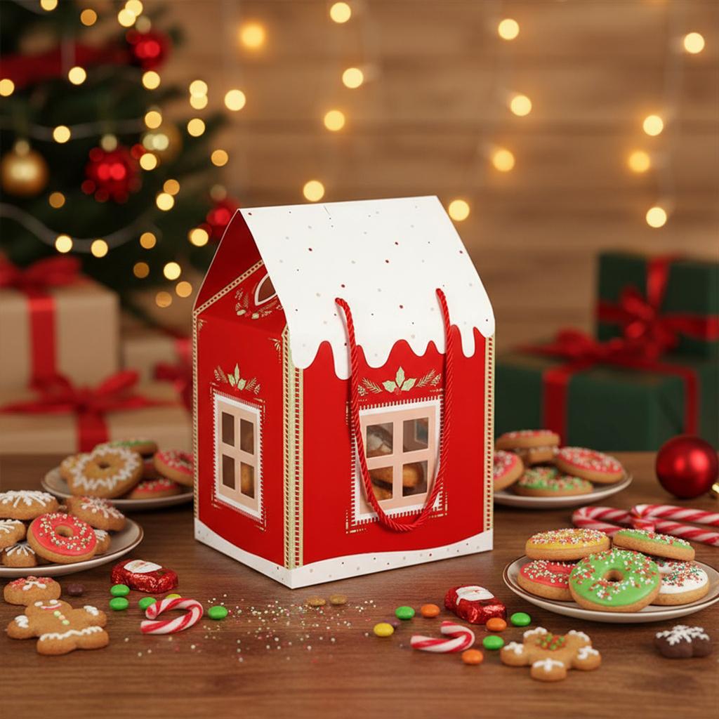 Christmas Cottage Gift Box Festive Goodie Bags with Handle Holiday Cottage Box for Holiday Party Favors Cookie Candy Packaging