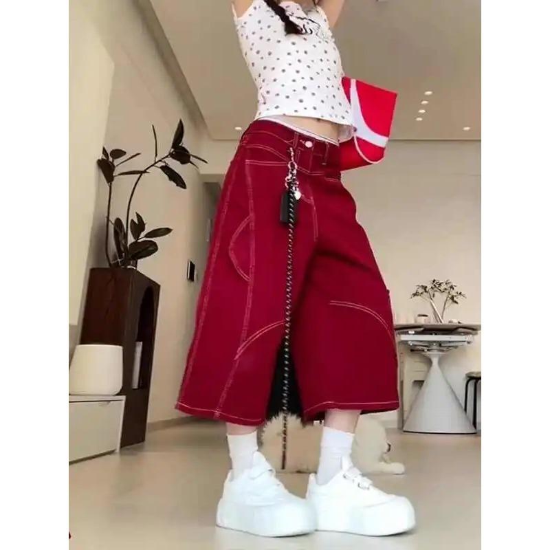 Sommer Rote Gewaschene Lockere Taschen Jeans Cropped Hosen Damen High Street Y2K Vintage Baggy Jeans Übergröße Jorts Shorts