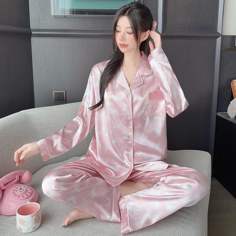 

Noble Temperament Butterfly Ice Silk Women S Pajamas Long-Sleeved Two-Piece Set, Fashion Loungewear M