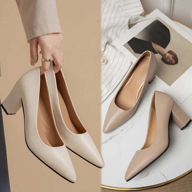 New Pointed-toe Work Shoes for Women with Thick Heels Shallow Opening and High Heels on One Foot