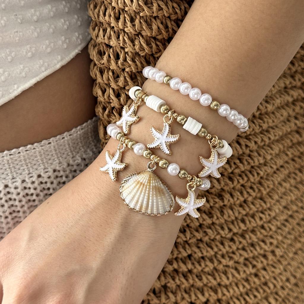 Fashion Polymer Clay Beaded Stretch Bracelets Set for Women Starfish Shell Pendant Stackable Bracelets Summer Beach Jewelry