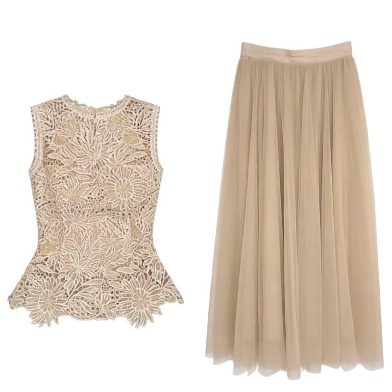 2026 Women's Fashion Set: Mesh Hollow Top & Long Skirt