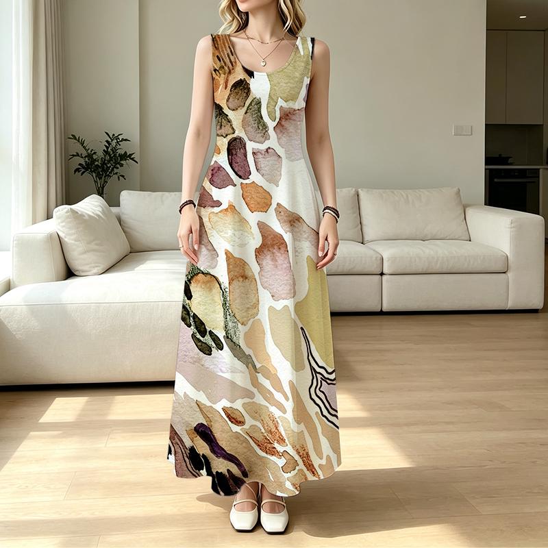Women's U-Neck Sleeveless Flowy Maxi Dress,Lightweight Abstract Art Collection Vacation Dress for Holiday,Daily Casual & Party