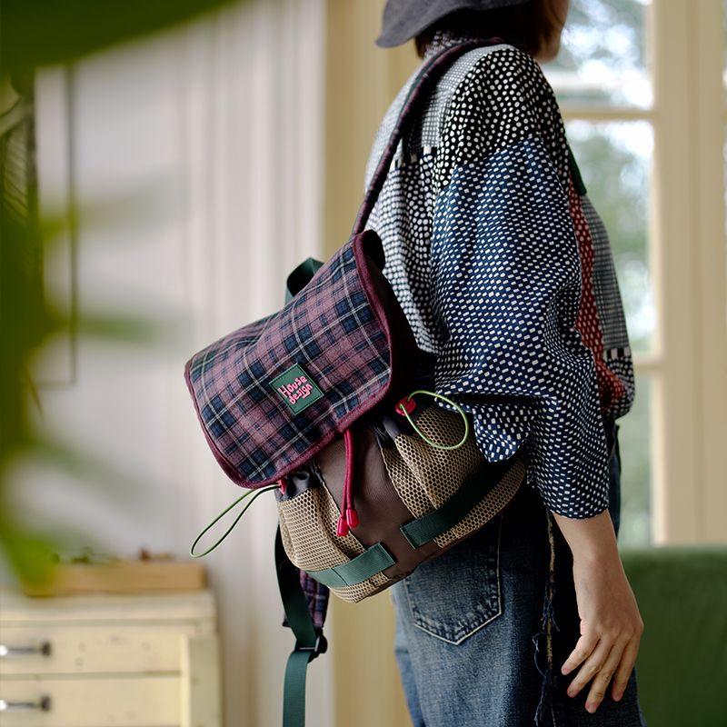 

Housedesign Original Spring New Retro Contrast Color Backpack Niche Style Student Schoolbag Work Clothing Computer Backpack Purple lattice