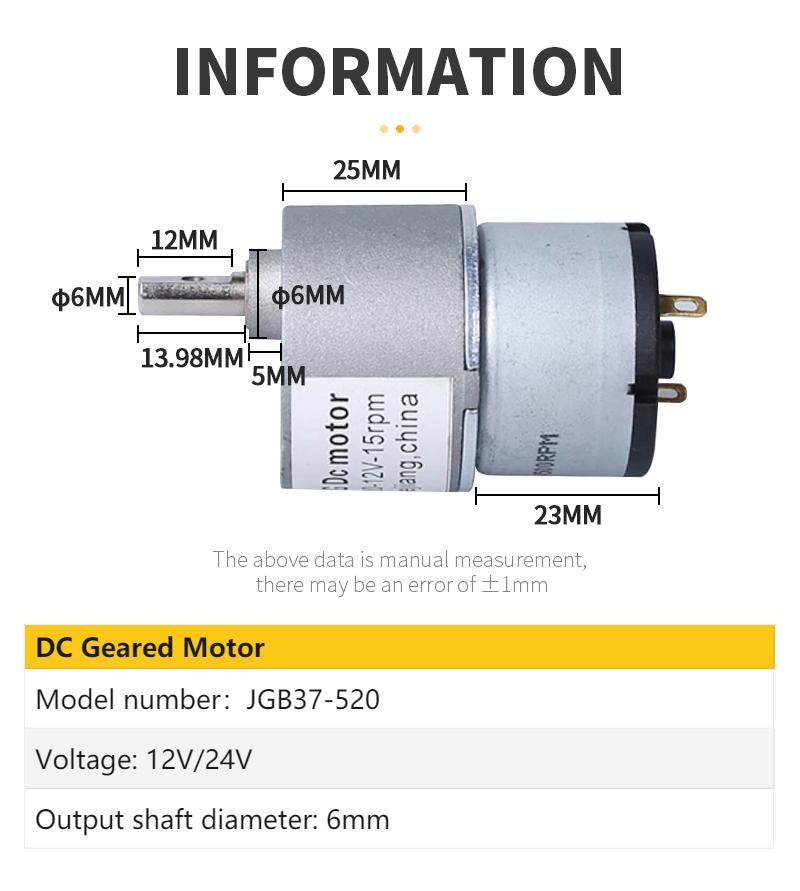 JGB37-520 Miniature High Torque Micro Metal Gear Reducer Motor 12V/24V 5RPM~750RPM Micro Speed Adjustable Forward And Reverse