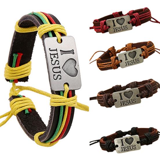 Unisex I LOVE JESUS Faux Leather Bangle Hemp Rope Chain Adjustable Bracelet