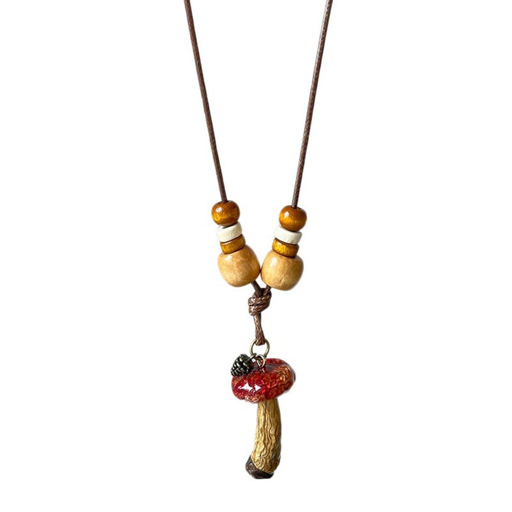 Fashionable Adjustable Necklace for Women Wood Bead Mushroom Pendant Rope Neckchain Bohemian Accessory
