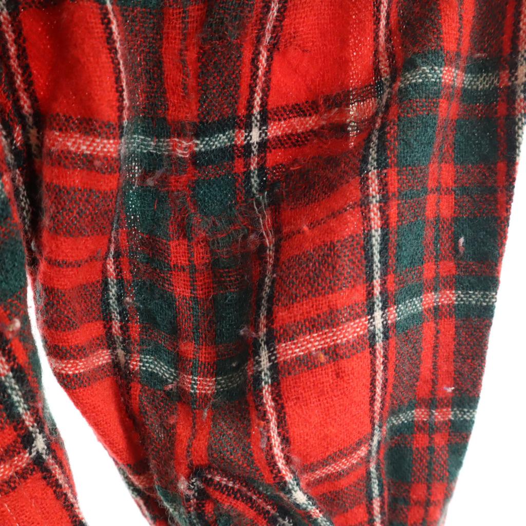 60s Vintage Wool Blend Check Pattern Long Sleeve Open Collar Shirt M Red Men's Used