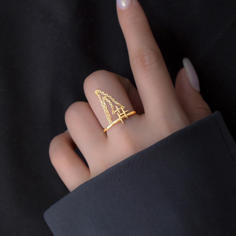 Banyan Tree S925 Silver Star Tassel Ring - Women's Punk Hip-Hop Cross Trend