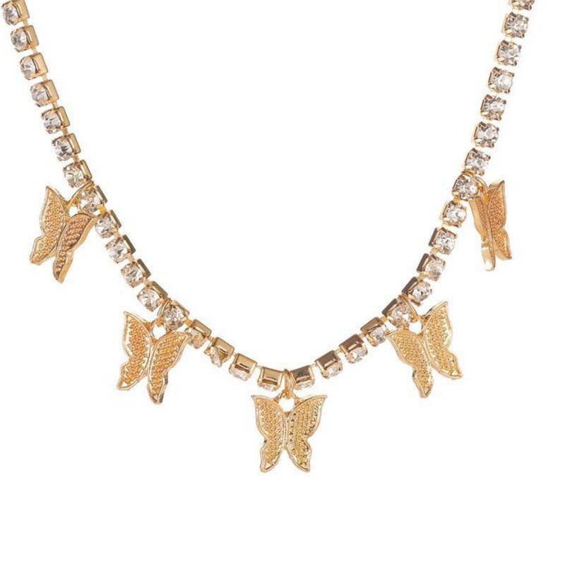 European & American Rhinestone Butterfly Necklace: Short Hip-Hop Alloy Cuban Chain Pendant.