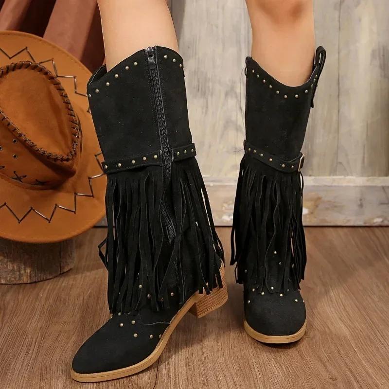2025 Hot Sale Women's Shoes Side Zipper Women's Boots Fashion Tassel Modern Boots Women New Rivet Belt Buckle Mid-Calf Boots