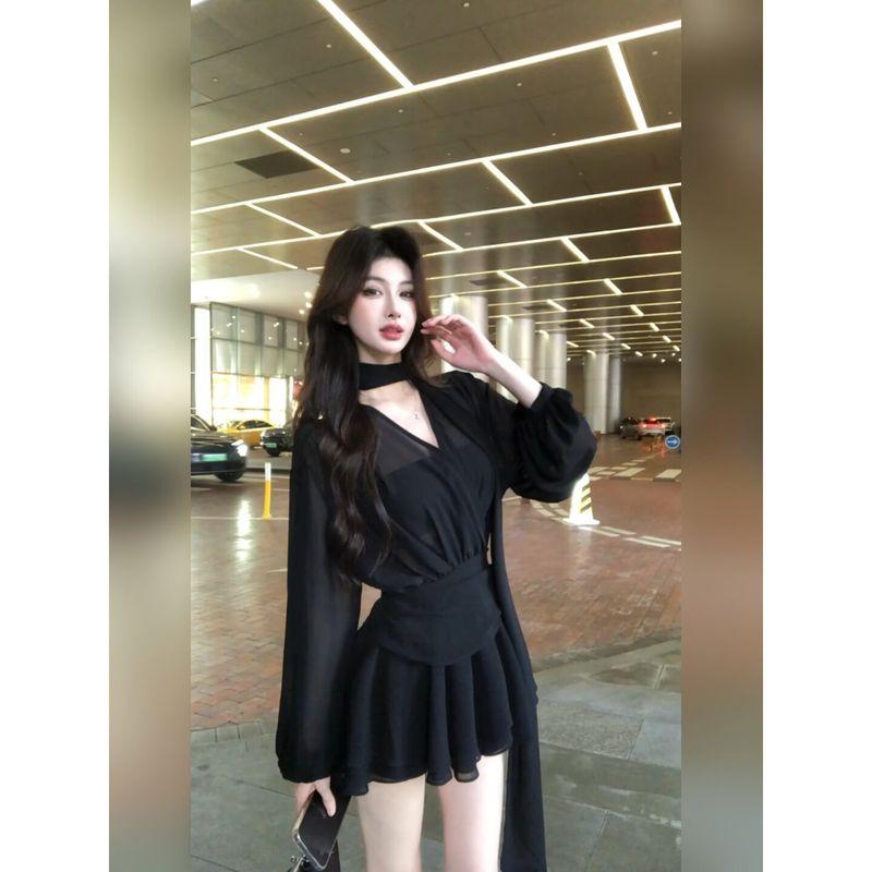 

Black Chiffon Long-Sleeved Dress with Ribbons for Women, Early Spring Elegant Waist-Cinching A-Line Short Skirt, Very Beautiful Skirt for Summer Black Dress S