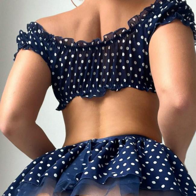 European & American Sexy Mesh Polka Dot Off-Shoulder Lingerie Three-Piece Set