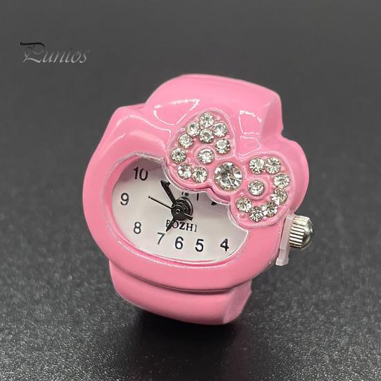 Cat Shape Ring Watch Cartoon Finger Rhinestone Bowknot Elastic Stainless Steel Band Women Birthday Gift Fashion Accessories