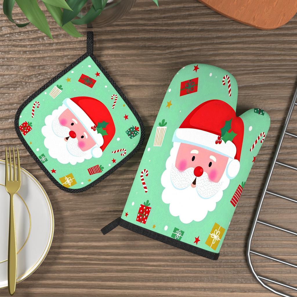 Christmas Santa Claus Oven Mitts and Pot Holders Set Heat Resistant Non Slip for Kitchen Cooking Baking BBQ Camping