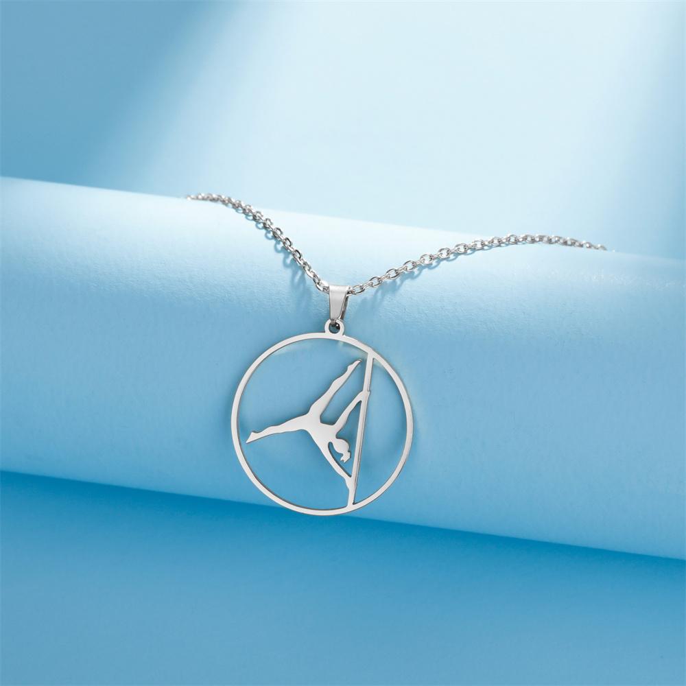 Dancer Rhythmic Gymnastics Round Pendant Necklaces for Women Girls Stainless Steel Gymnast Yoga Necklace Sport Jewelry
