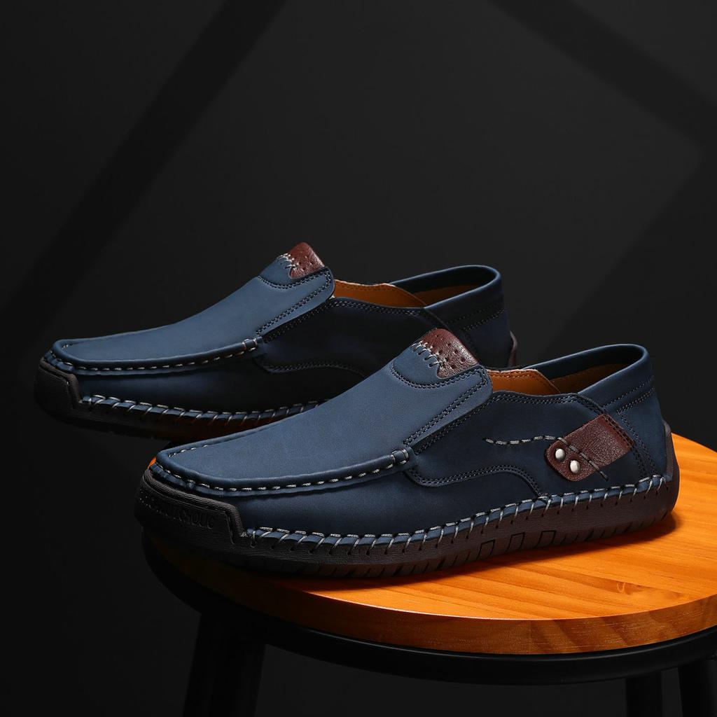 Men's Slip-on Casual Leather Shoes Hand-stitched Plus Size 36-50 Loafers Non-slip Soft Sole Flats for Walking Driving