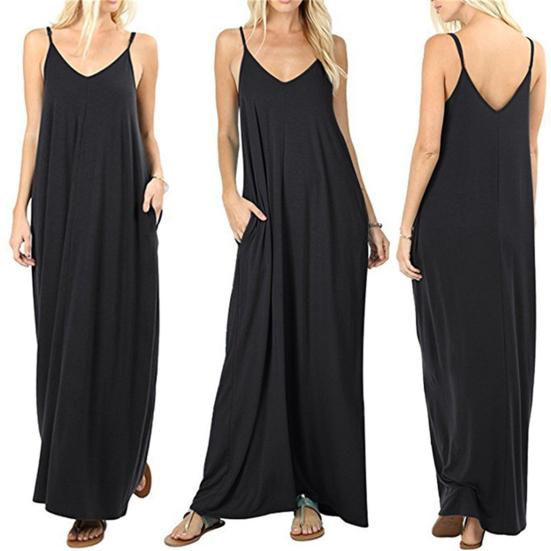 Summer Loose Cami Dress for Women V Neck Sleeveless Floor Length Boho Sundress Flowy