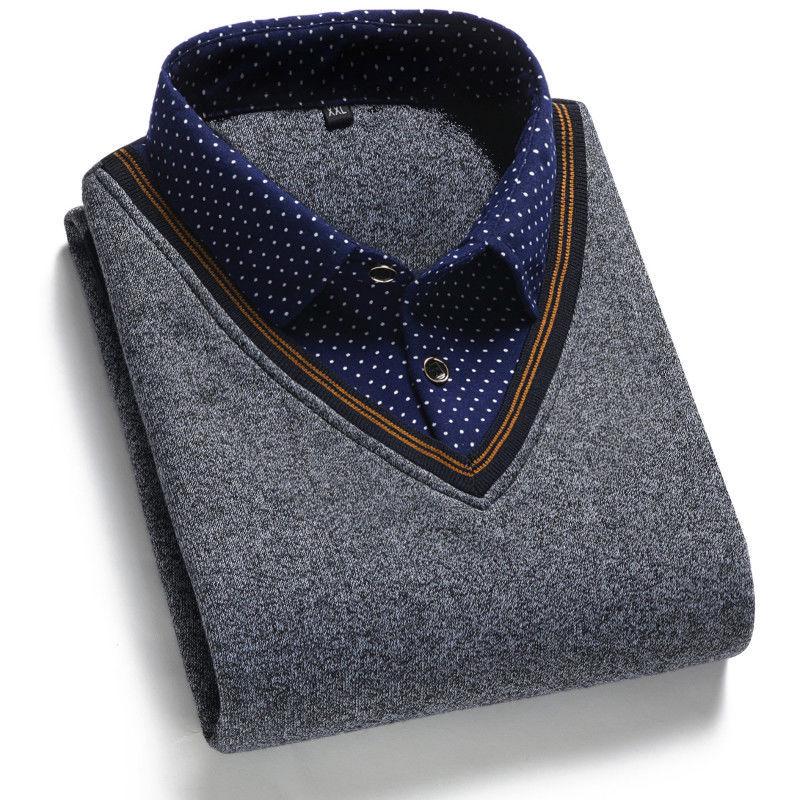 Men's Fleece-Lined Two-Piece Shirt Collar Sweater for Middle-Aged & Elderly