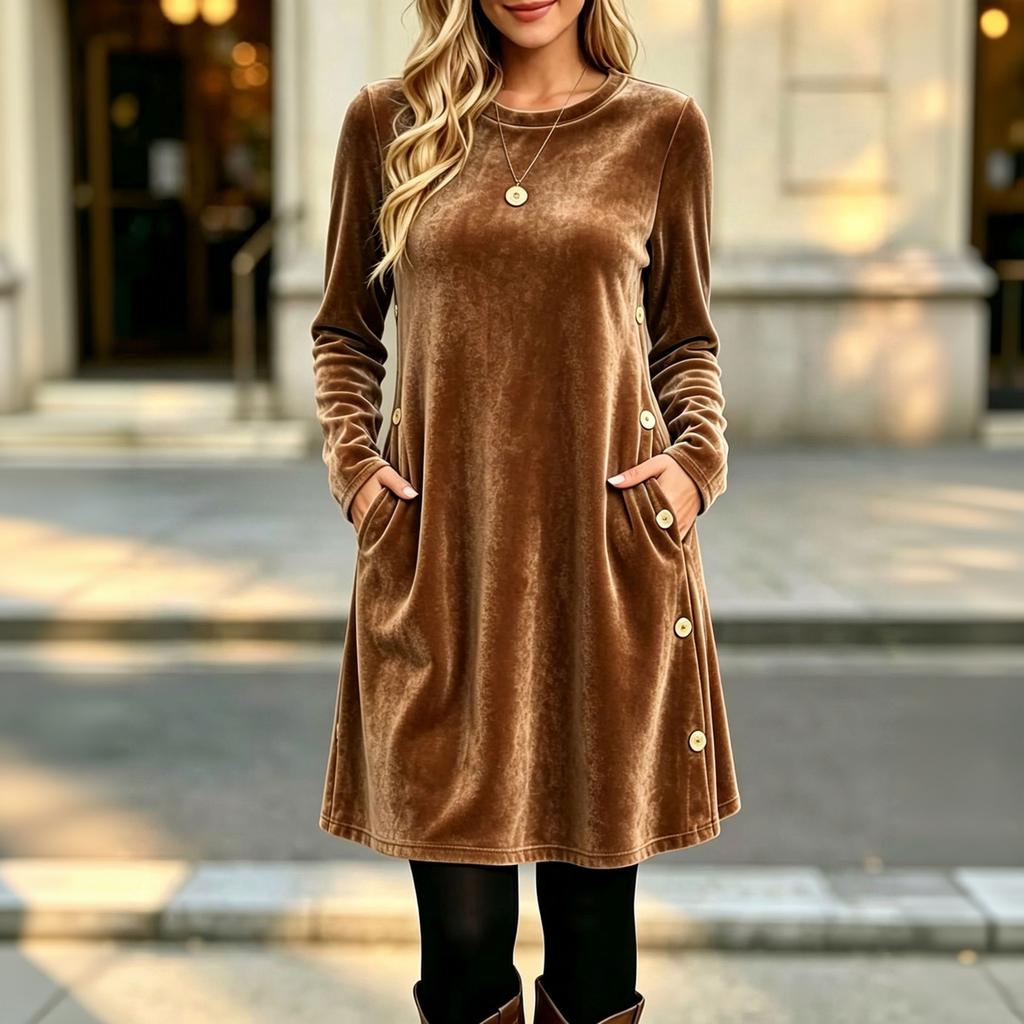 Women's Fashion Color Velvet Button Front Long Sleeve Dress with Loose Fit