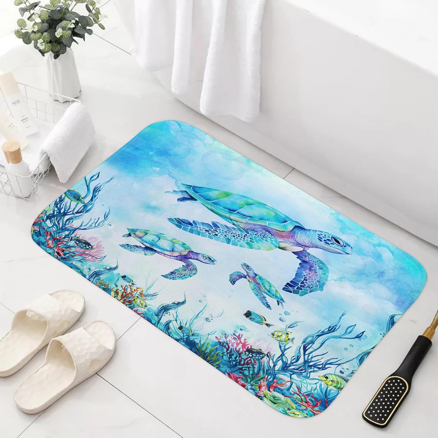 

Sanzugh Nautical Coastal Beach Bath Mat Rug for Bathroom, Blue Tropical Ocean Seashell Coral Bathroom Floor Rugs Mats Non Slip K 40x60cm