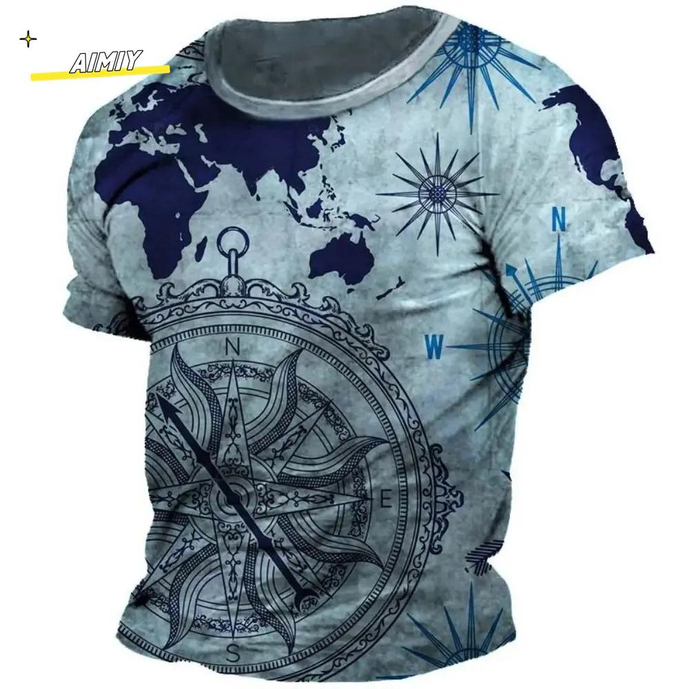 Vintage Summer Compass Pattern 3D Printed Short-sleeve Men's T-shirts Loose Daily Men Clothing Casual Streetwear