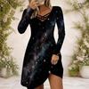 Women Cross V Neck Long Sleeve Dress Purple Pink Galaxy Swirl Print Irregular Hem Dress