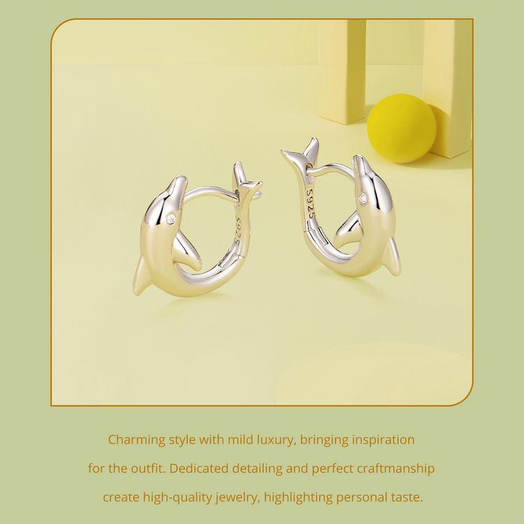 Avle S925 Sterling Silver Platinum-Plated Dolphin Earrings for Women - Style BSE881