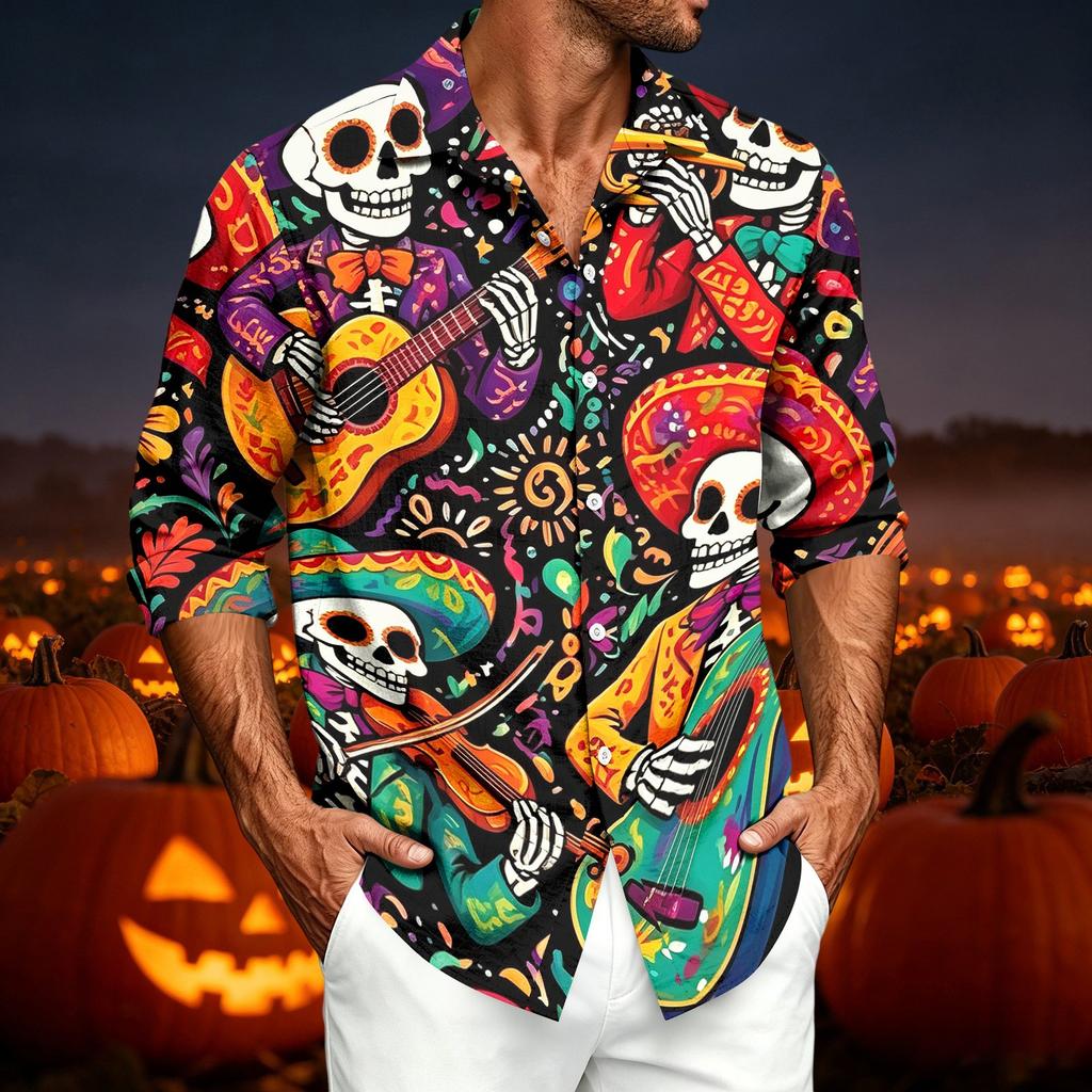 Men's Casual Long Sleeve Shirt with Halloween Print for Spring and Fall