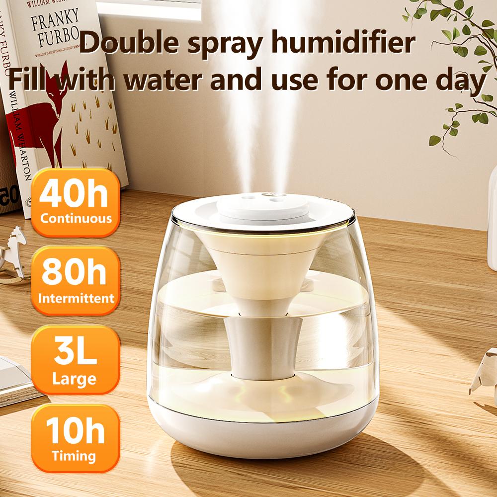 3-liter Dual Spray Humidifier with Silent Digital Display Humidity, Home Bedroom Colorful Atmosphere Light Aromatherapy Machine