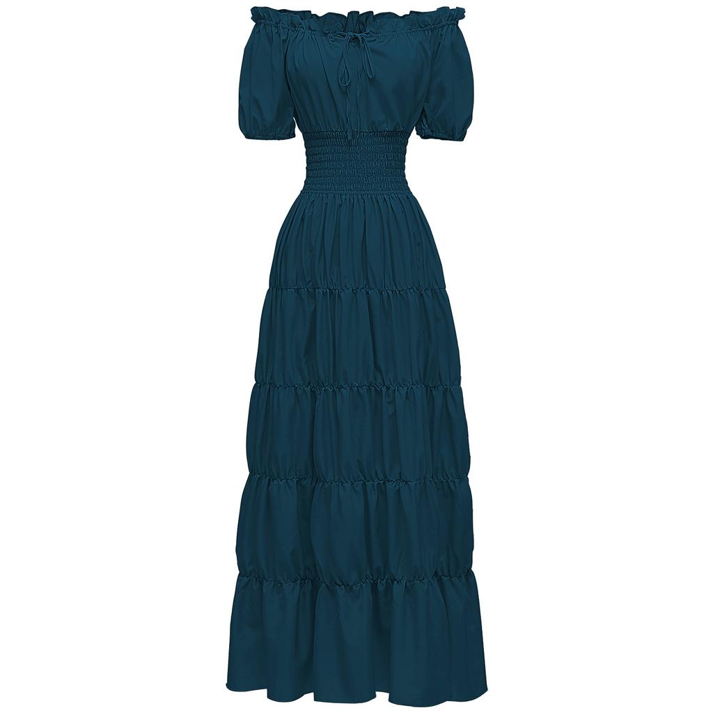 Women's Solid Color Short Sleeve Boat Neck Waist Medieval Retro Long Plus Size Dress