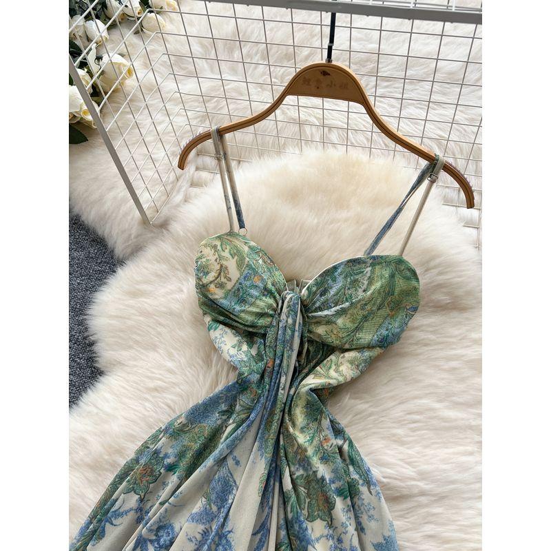 French Style Holiday Style Dress Women 2025 Summer Niche Design Sense Bustier Irregular Print Long Skirt