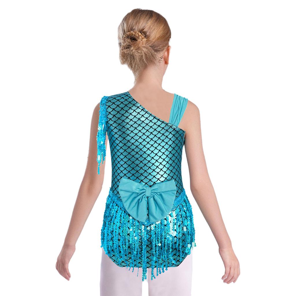 Girls Metallic Fish Scale Dance Leotard Bowknot Back Design Sparkly Sequins Tassels Bodysuit