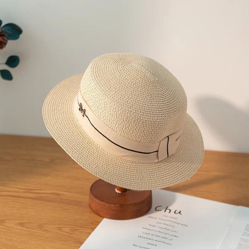 New Letters Embroidered Women Straw Hats Panama Wide Brim Jazz Hat Summer Hat Ladies Sun Hat Simple Flat Top Hat