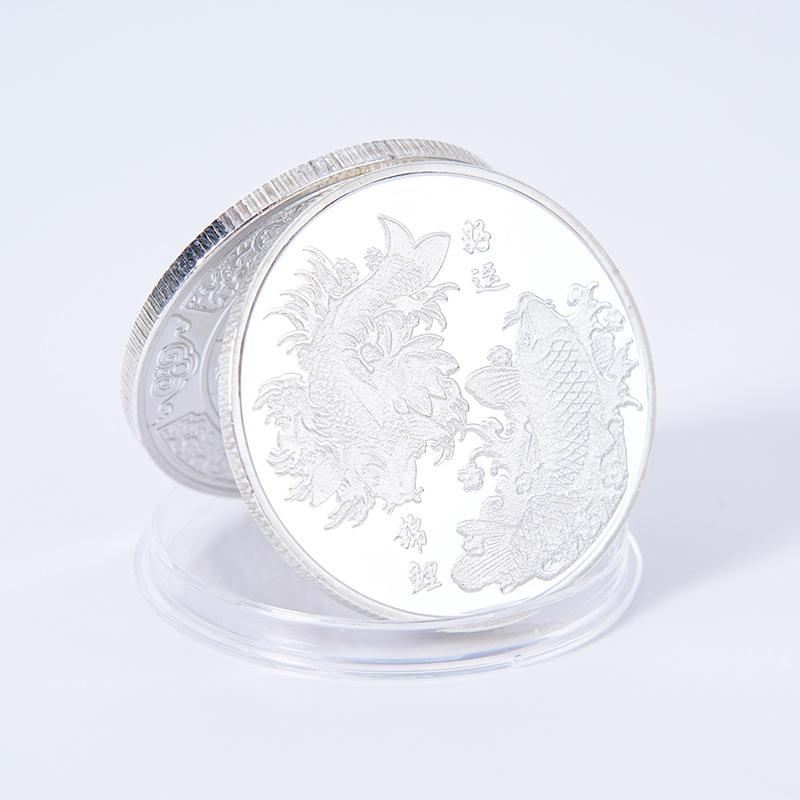 Year after year surplus, silver commemorative coins, lucky koi commemorative medals for attracting wealth, silver coins, color printed lucky coins