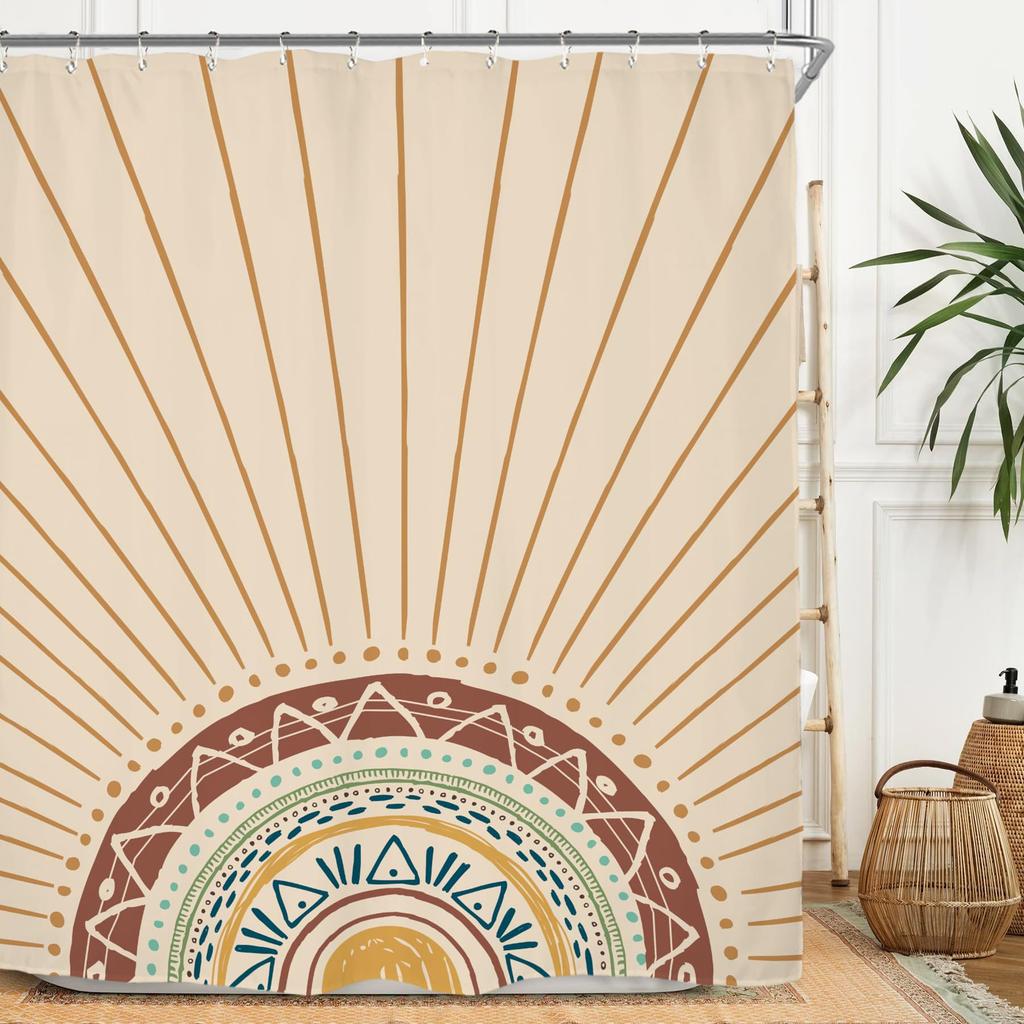 Rust Sun Abstract Shower Curtain Set Simple Medieval Vintage Sunrise Polyester Waterproof Bathroom Curtain With Hook