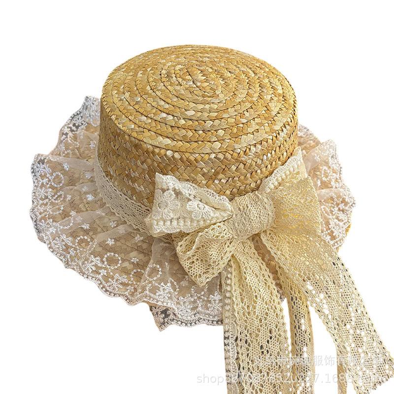 Small fresh Mori pastoral girl soft girl straw hat female handmade lace bow streamer flat top sun hat