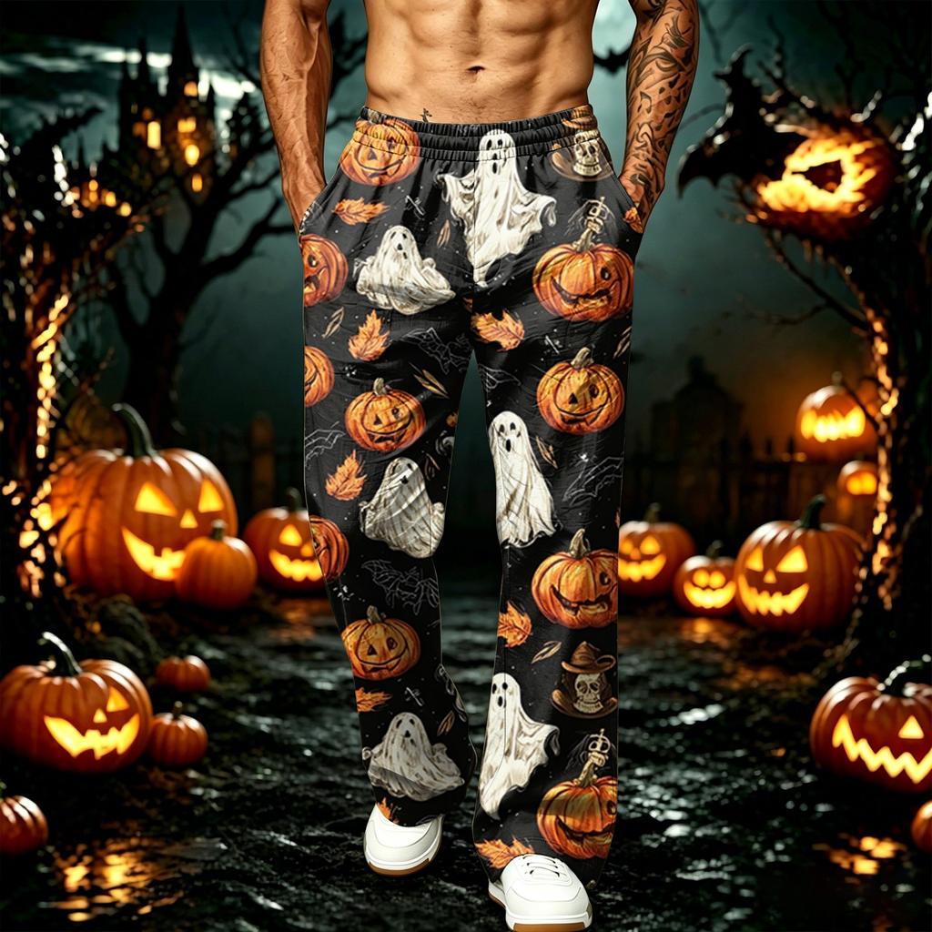 Men's Loose Fit Wide Leg Joggers with Pockets - Printed Casual Sweatpants for Sports and Daily Wear